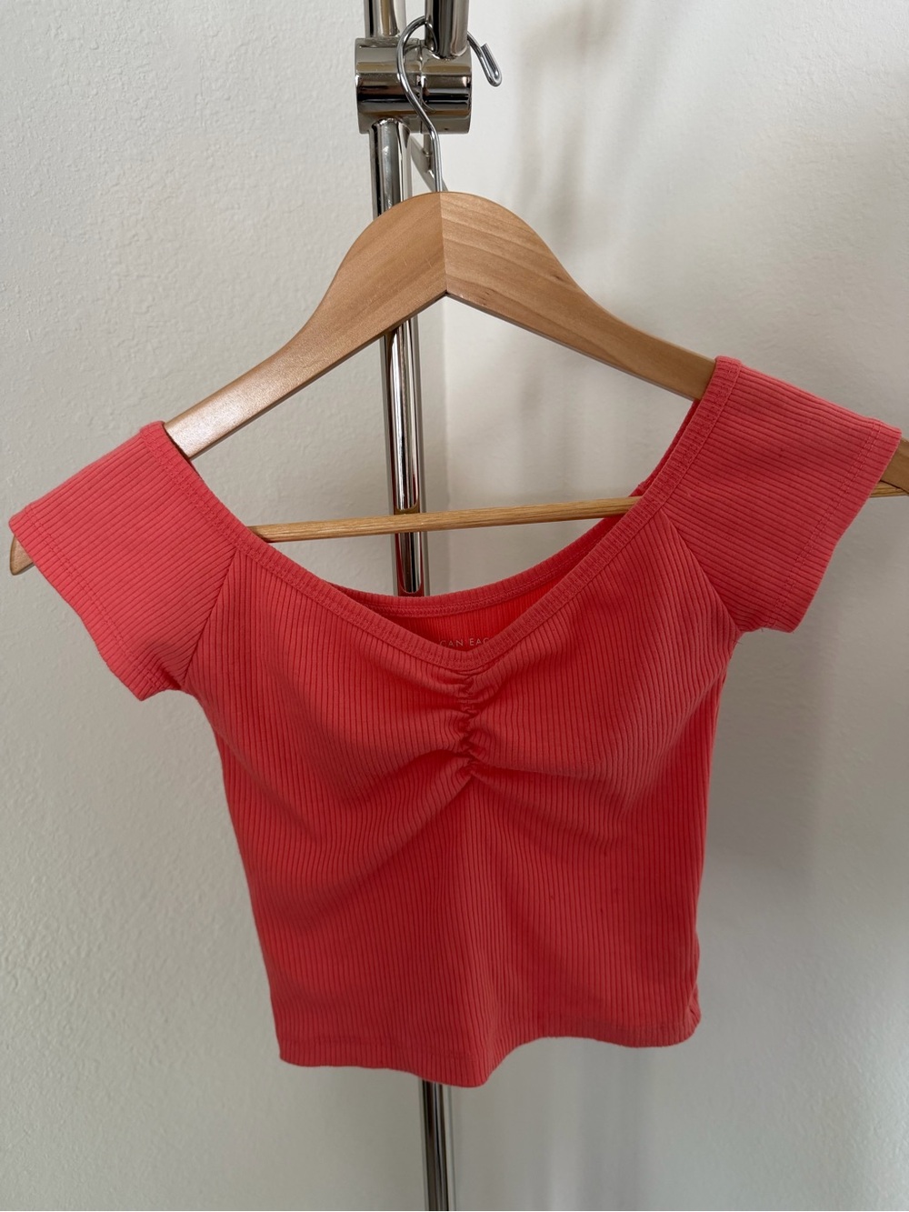 American Eagle Outfitters Coral Ribbed Off-Shoulder Crop Top